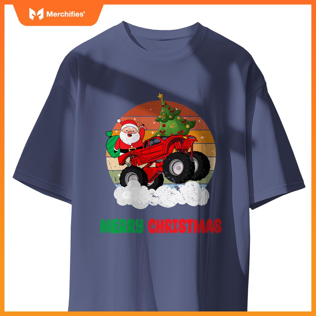 Kids Merry Xmas Santa Monster Truck Christmas Tree Light T-Shirt