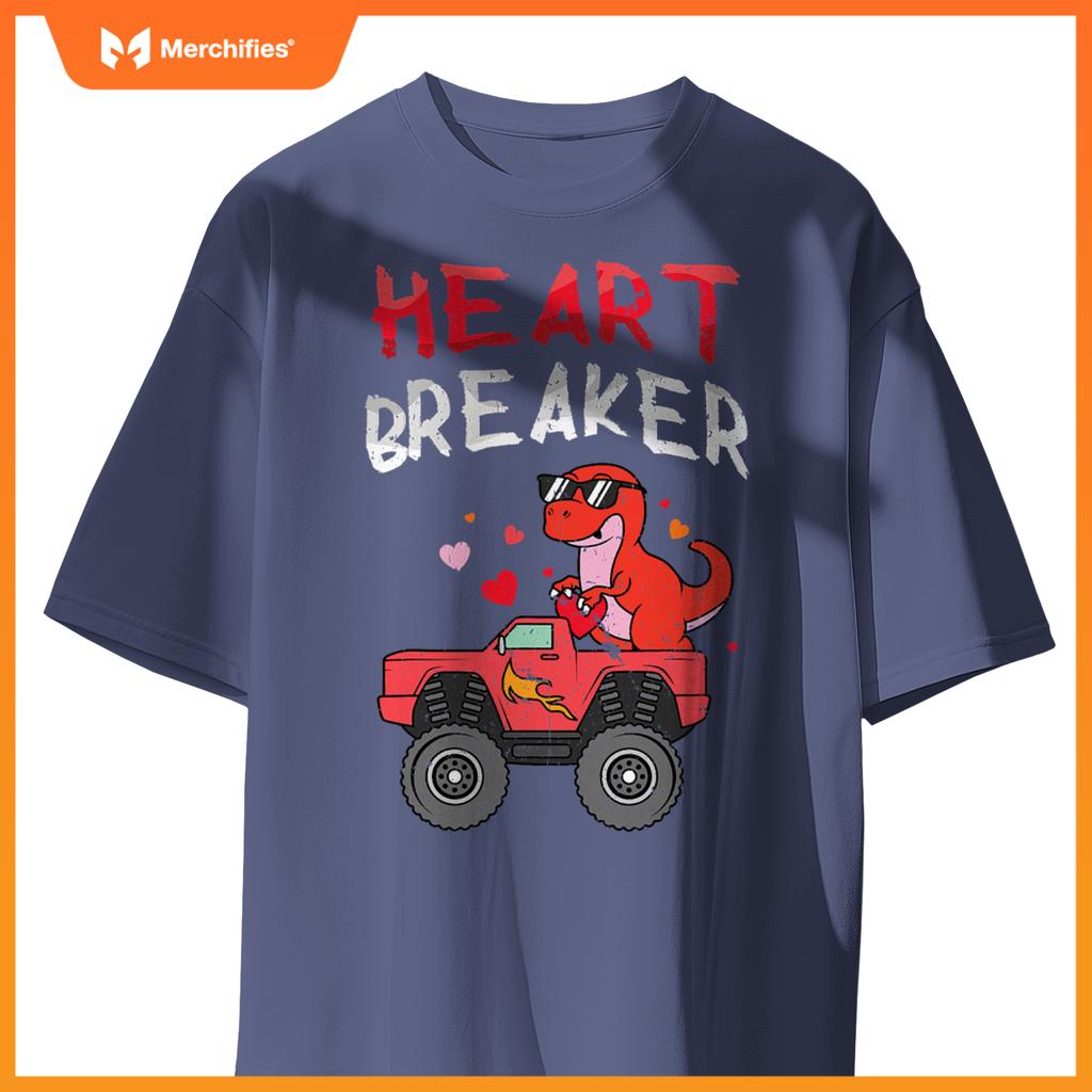 Kids Dinosaur Monster Truck Break Hearts Happy Valentines T-Shirt