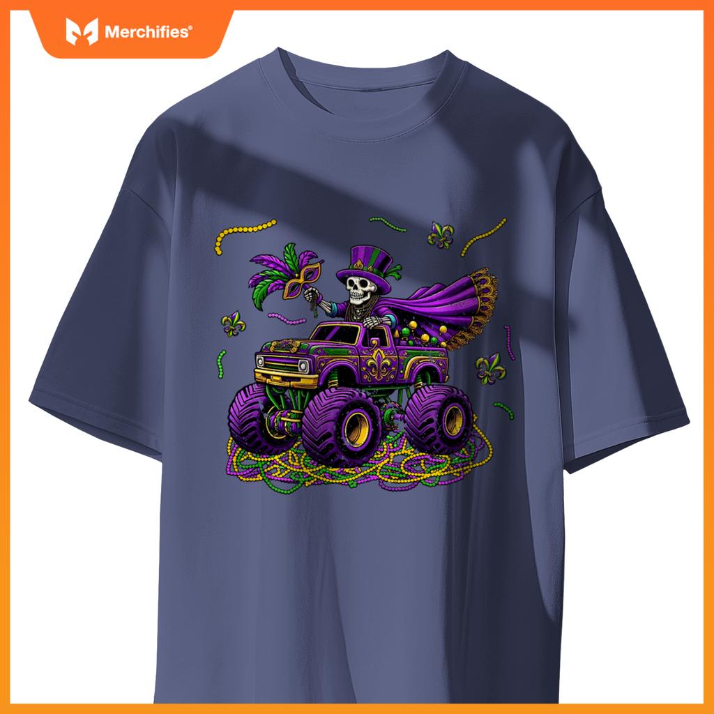 Mardi Gras Monstser Truck Skeleton Beads Mask Carnival T-Shirt