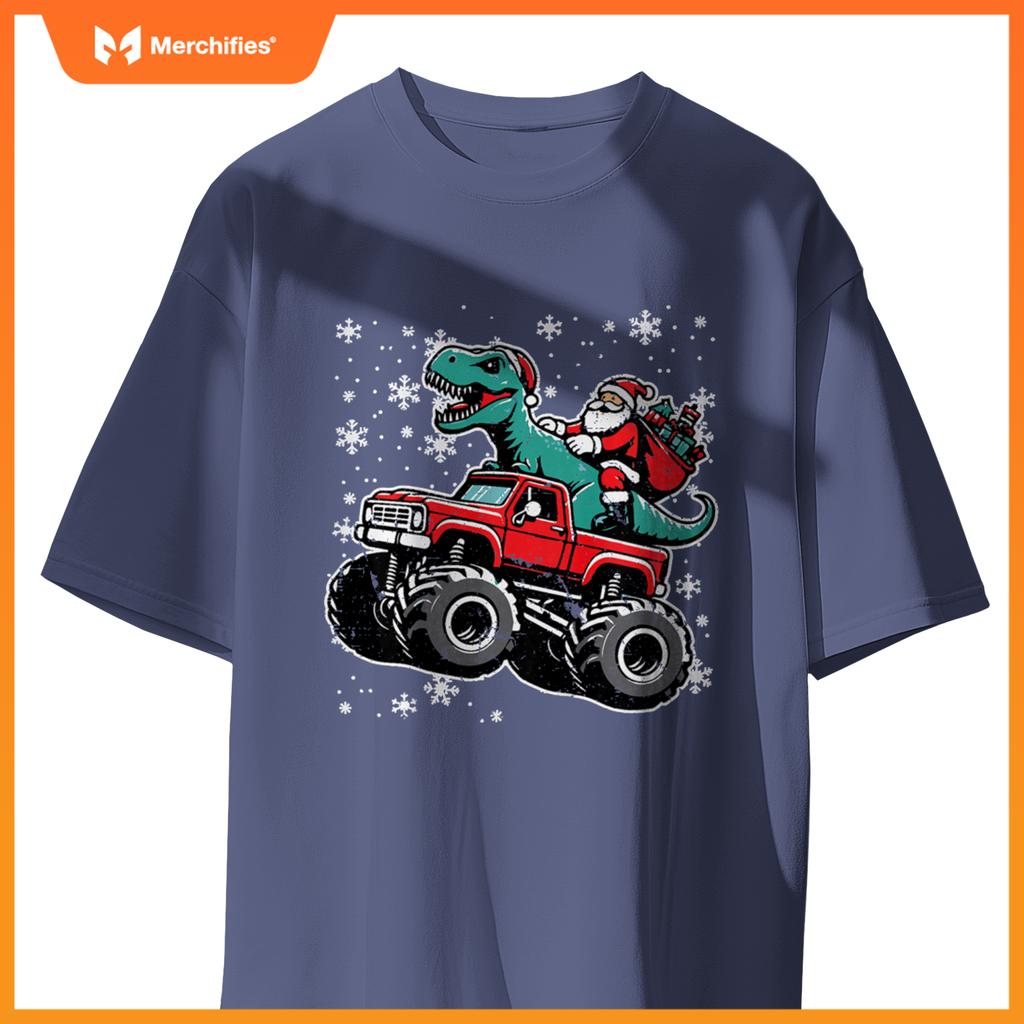Kids Christmas Monster Truck Dino Santa Xmas Toddler Boys Kids T-Shirt