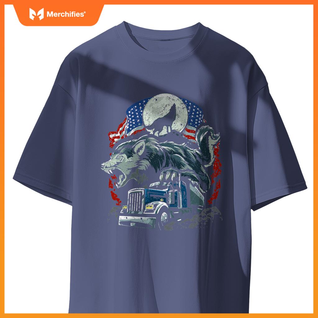 Mens Usa Flag Truck Howling Wolf American Patriotic Trucker T-Shirt