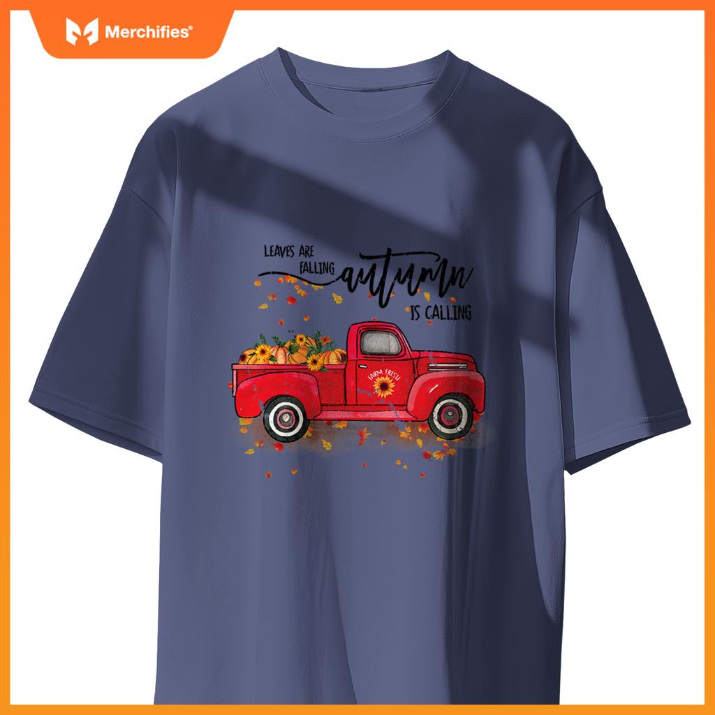 Leaves Are Falling Autumn Is Calling Red Truck Pumpkins T-Shirt