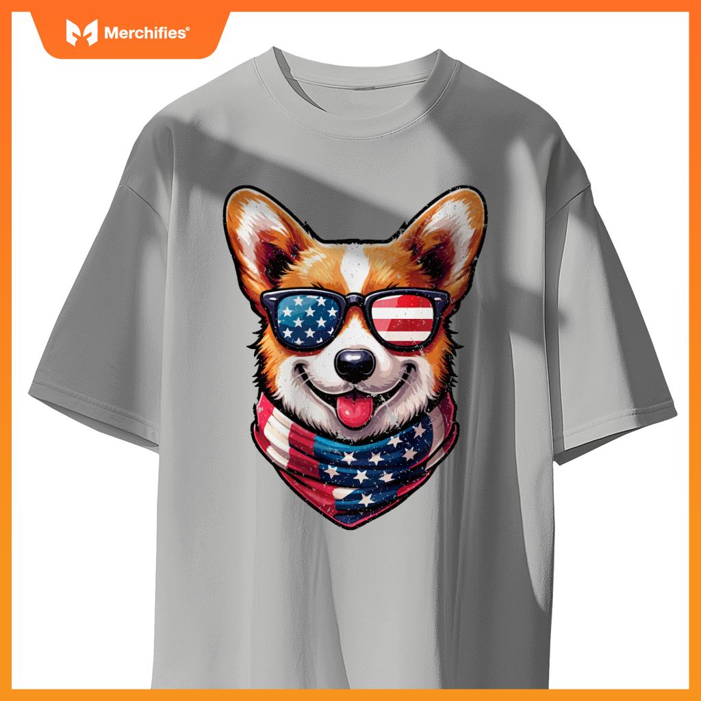 Patriotic Corgi Shirt with American Flag Sunglasses Cute Dog T-Shirt
