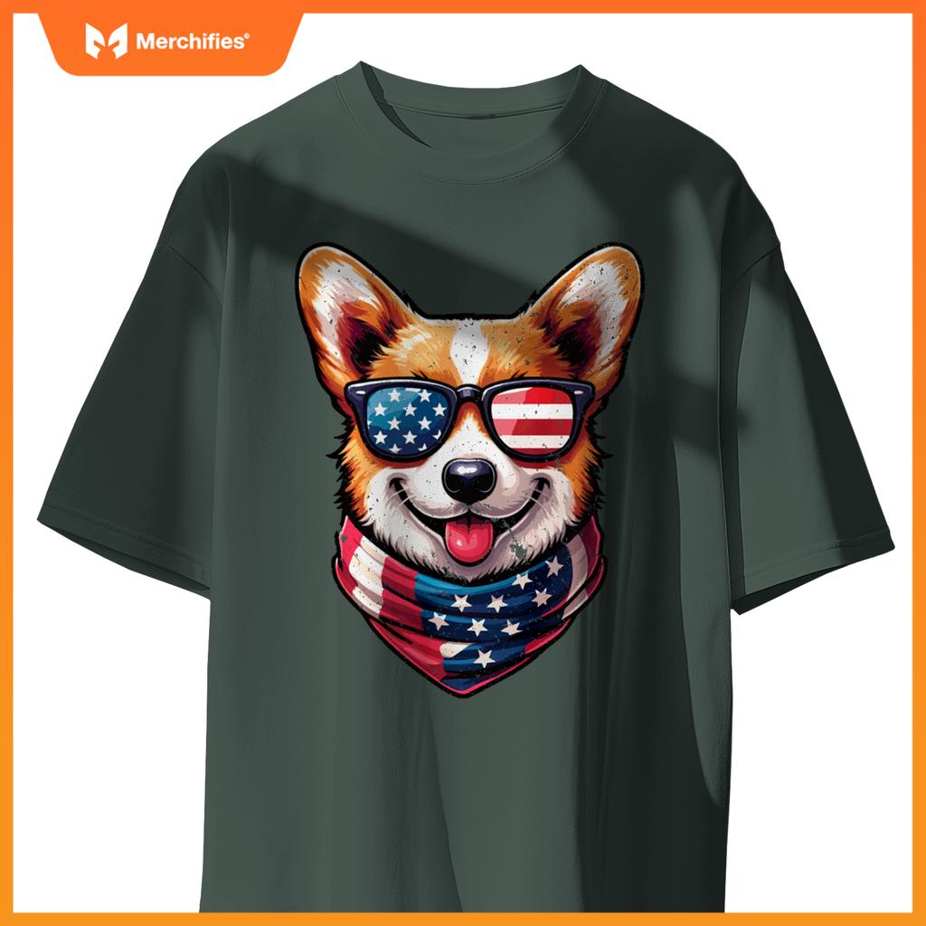Patriotic Corgi Shirt with American Flag Sunglasses Cute Dog T-Shirt