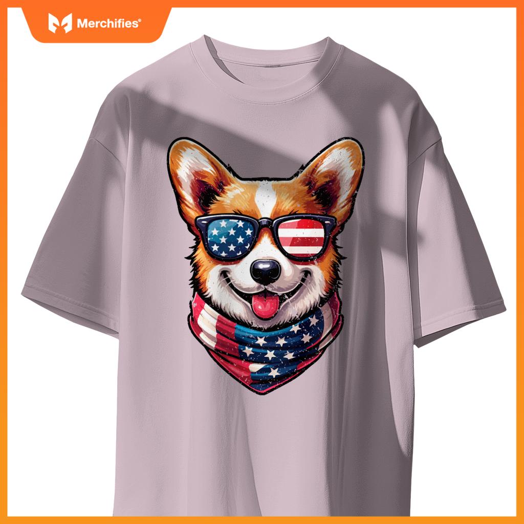 Patriotic Corgi Shirt with American Flag Sunglasses Cute Dog T-Shirt