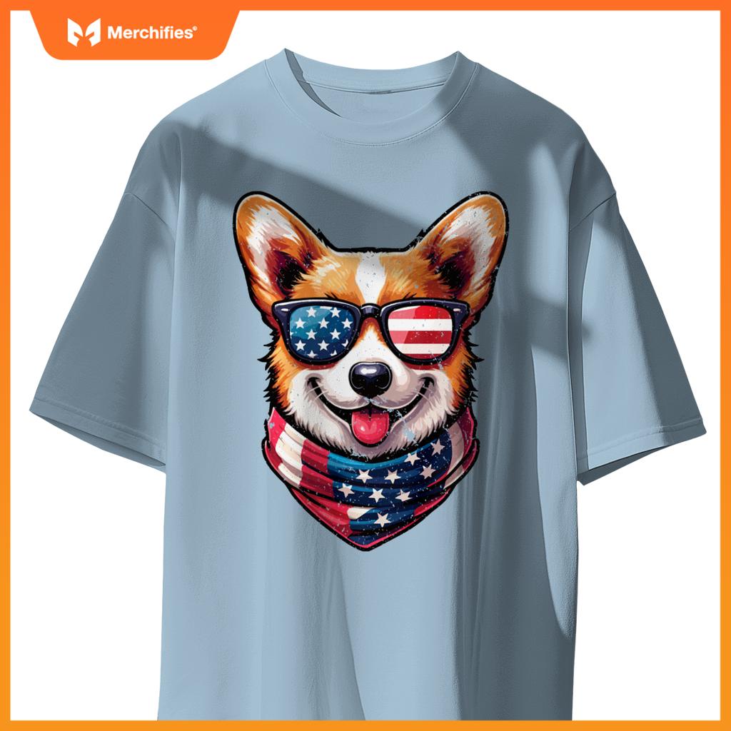Patriotic Corgi Shirt with American Flag Sunglasses Cute Dog T-Shirt