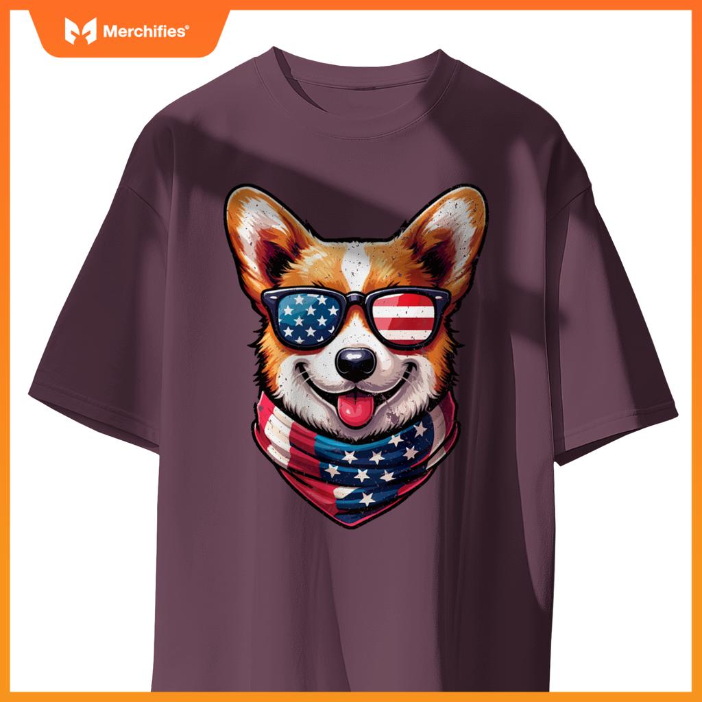Patriotic Corgi Shirt with American Flag Sunglasses Cute Dog T-Shirt