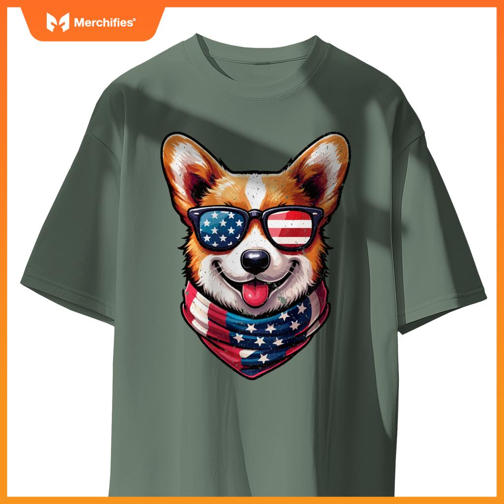 Patriotic Corgi Shirt with American Flag Sunglasses Cute Dog T-Shirt