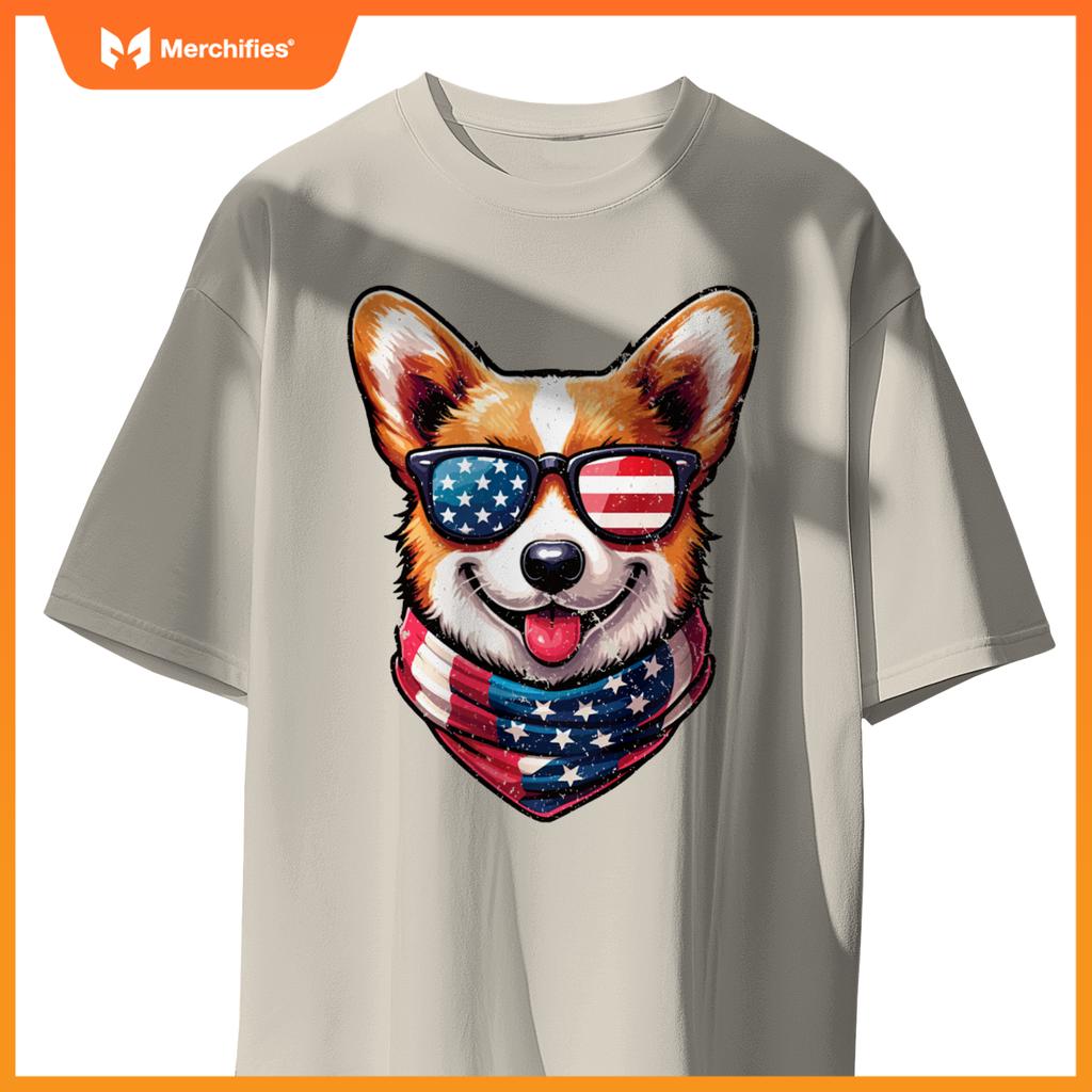 Patriotic Corgi Shirt with American Flag Sunglasses Cute Dog T-Shirt