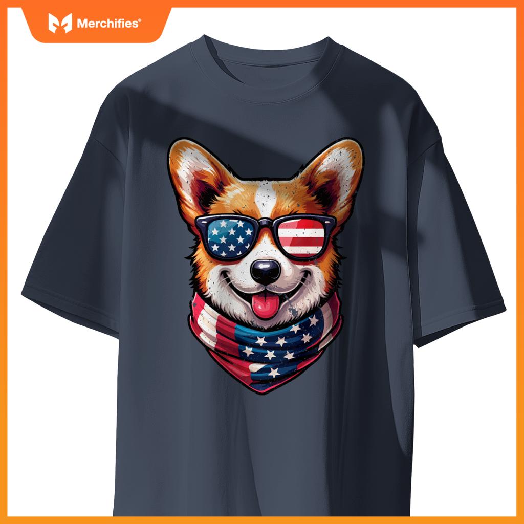 Patriotic Corgi Shirt with American Flag Sunglasses Cute Dog T-Shirt