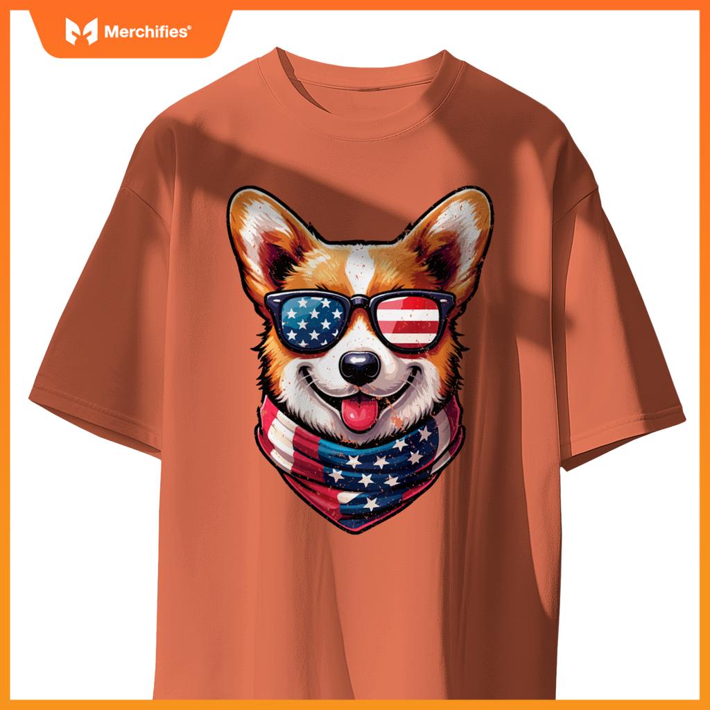 Patriotic Corgi Shirt with American Flag Sunglasses Cute Dog T-Shirt