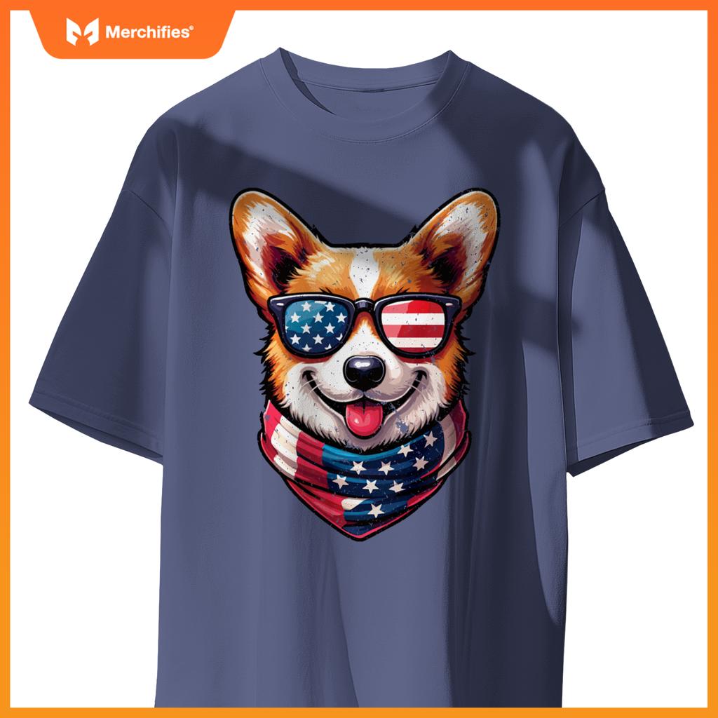 Patriotic Corgi Shirt with American Flag Sunglasses Cute Dog T-Shirt
