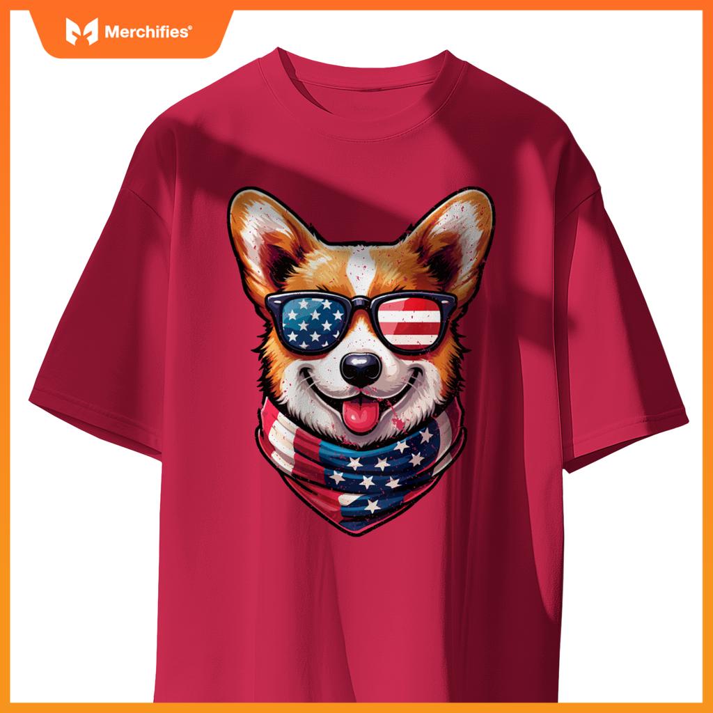 Patriotic Corgi Shirt with American Flag Sunglasses Cute Dog T-Shirt