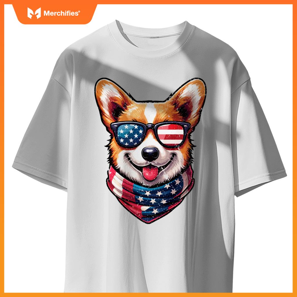 Patriotic Corgi Shirt with American Flag Sunglasses Cute Dog T-Shirt