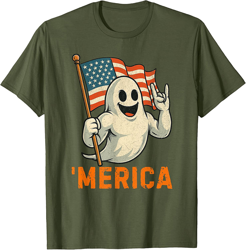 Patriotic Funny Rock Ghost Usa American Flag Halloween T-Shirt