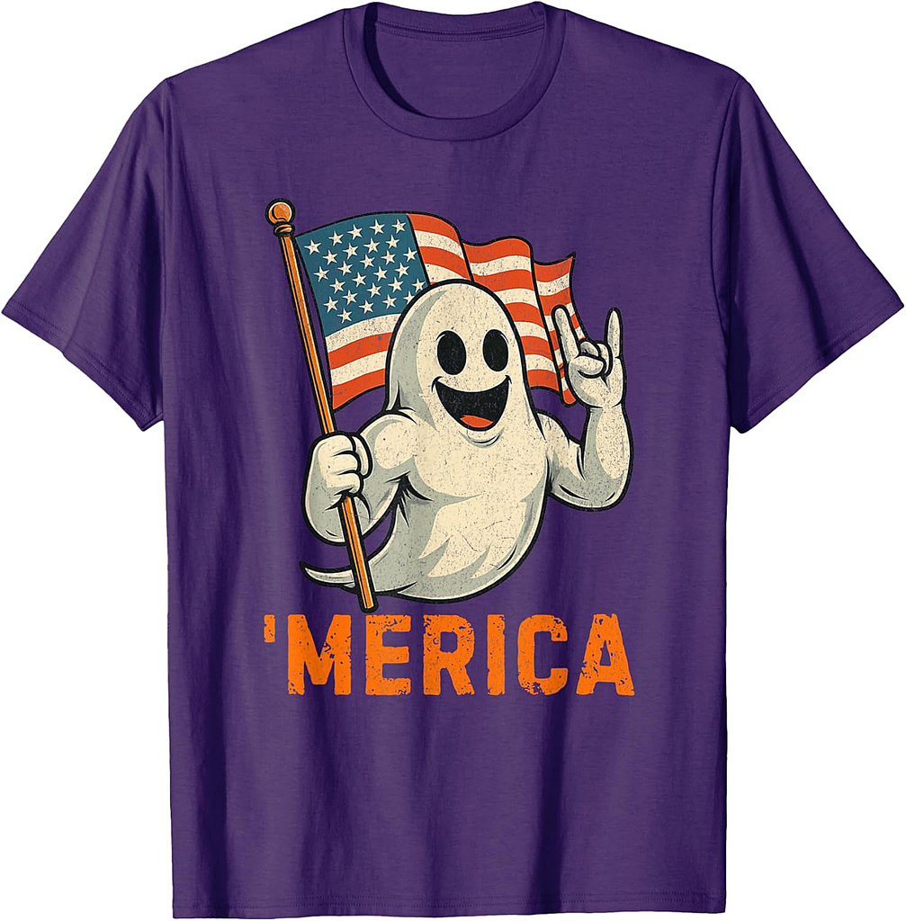 Patriotic Funny Rock Ghost Usa American Flag Halloween T-Shirt
