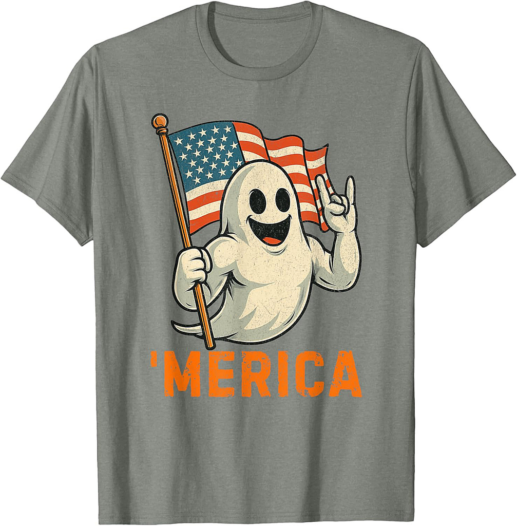 Patriotic Funny Rock Ghost Usa American Flag Halloween T-Shirt