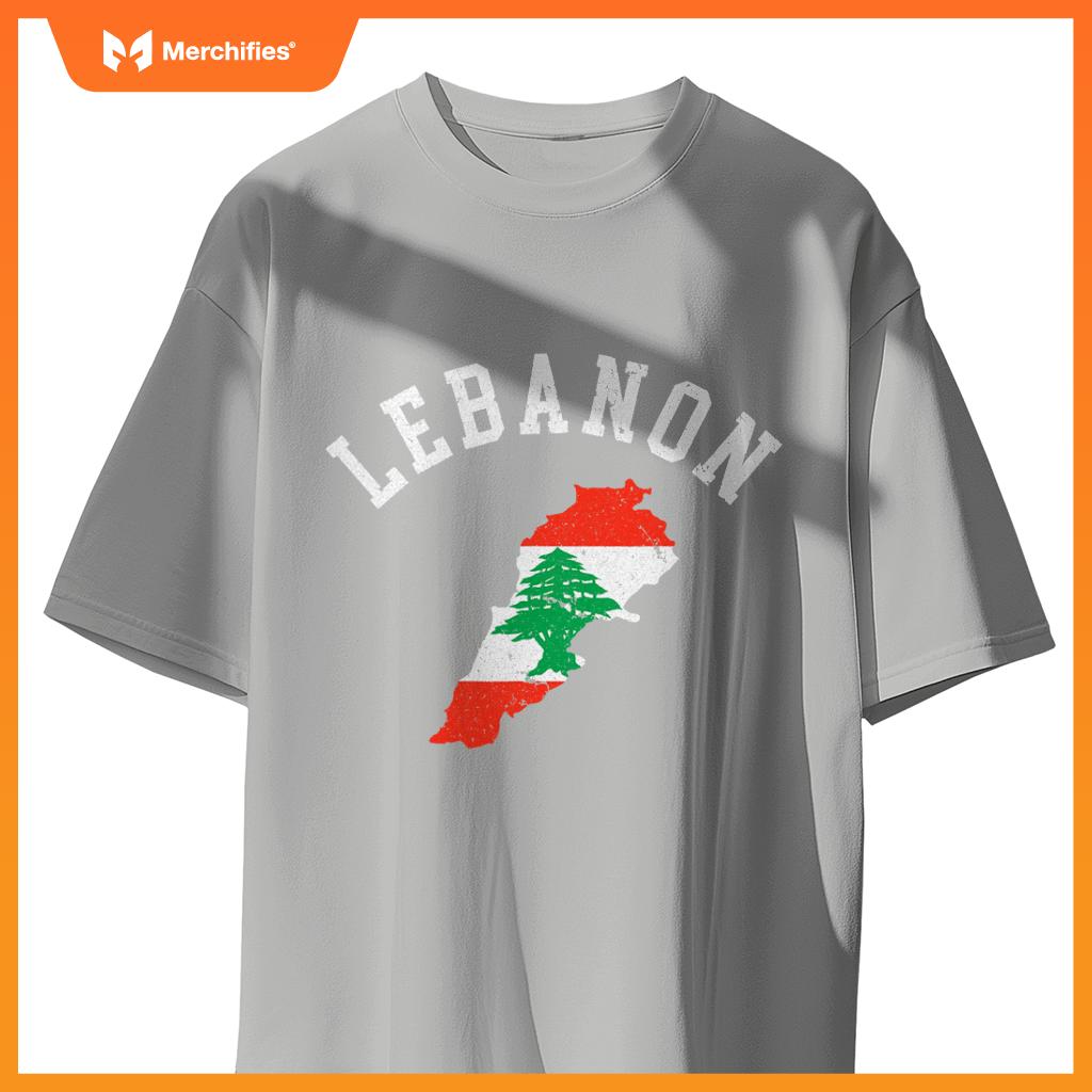 Patriotic Men Women Lebanon Flag Map Distressed T-Shirt