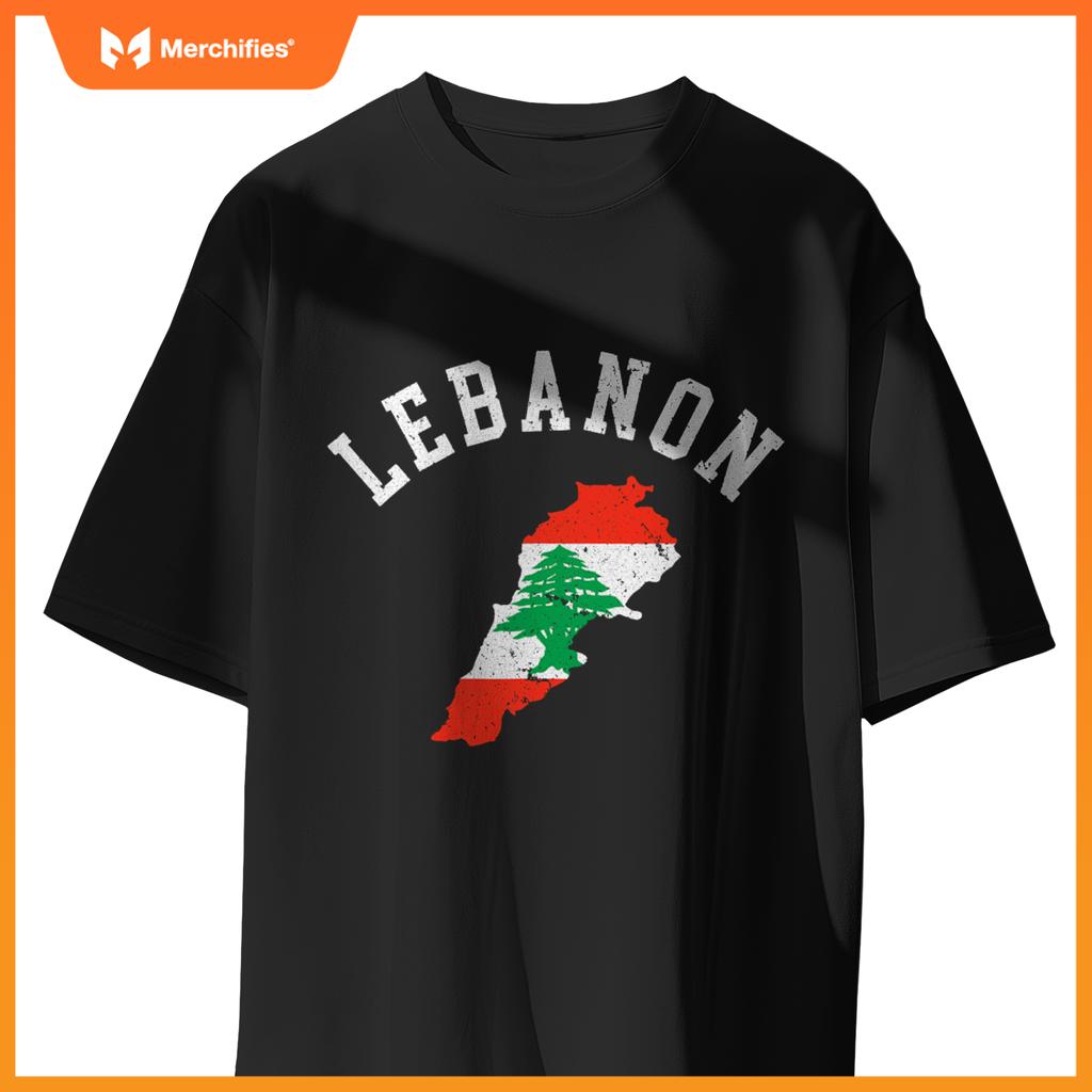 Patriotic Men Women Lebanon Flag Map Distressed T-Shirt