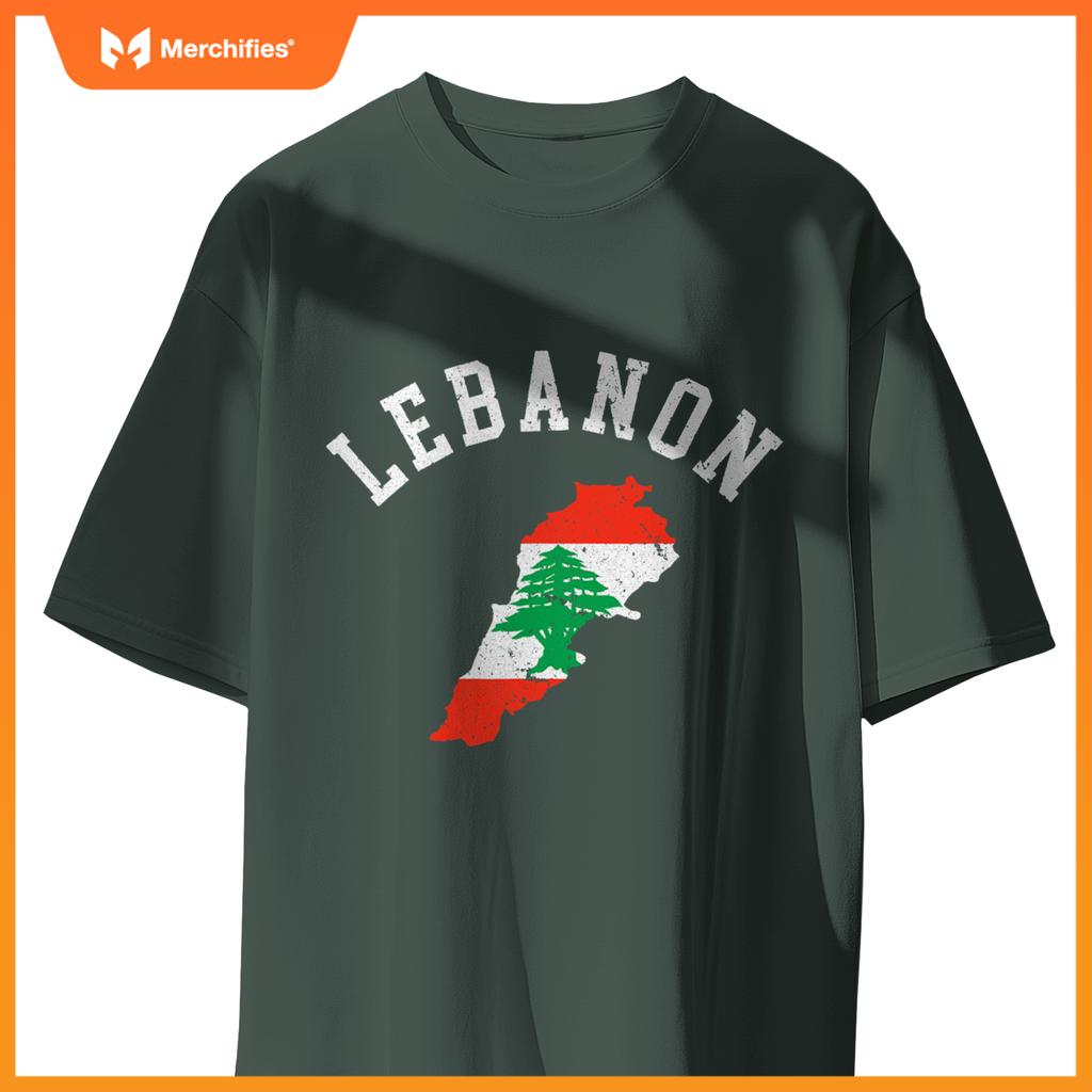 Patriotic Men Women Lebanon Flag Map Distressed T-Shirt