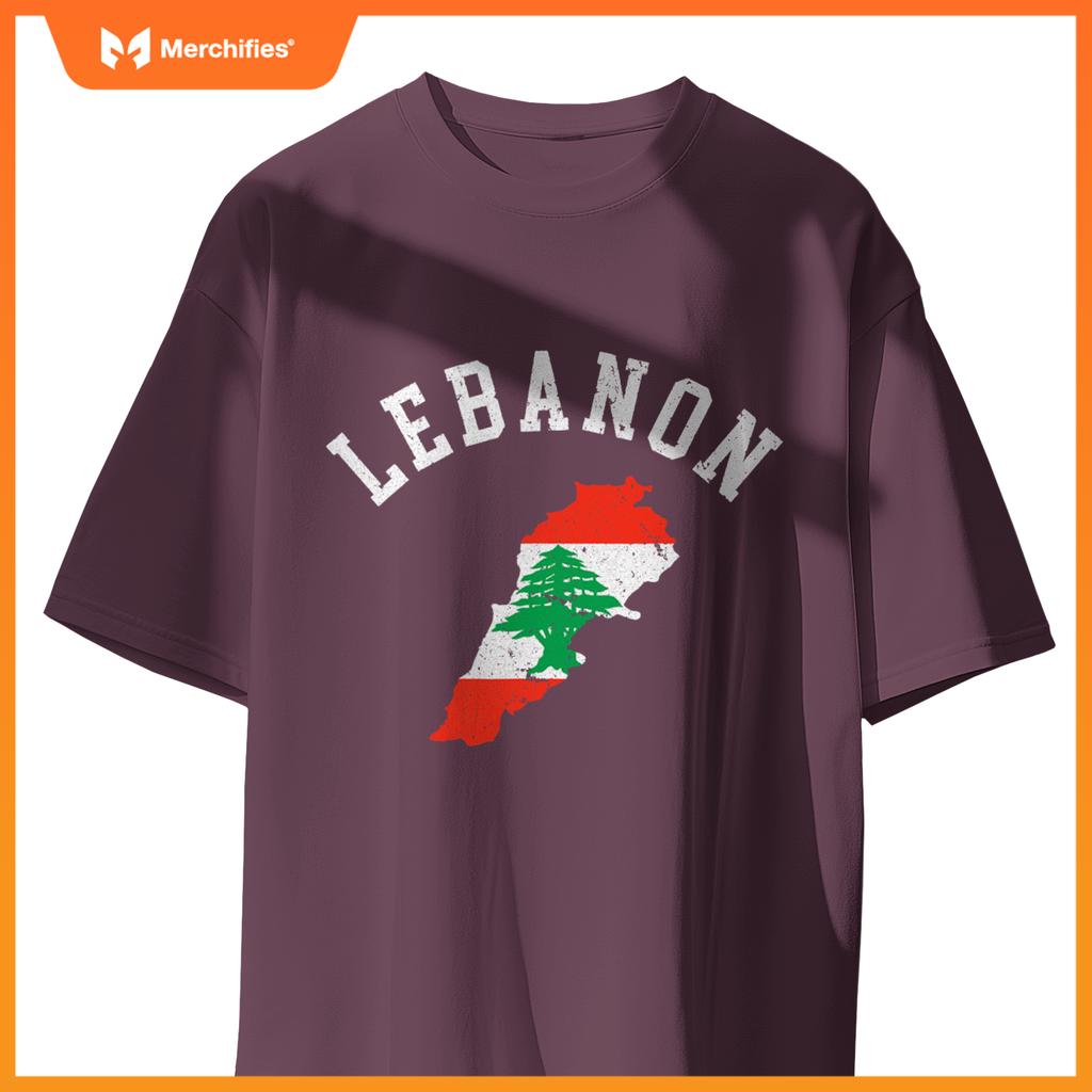 Patriotic Men Women Lebanon Flag Map Distressed T-Shirt