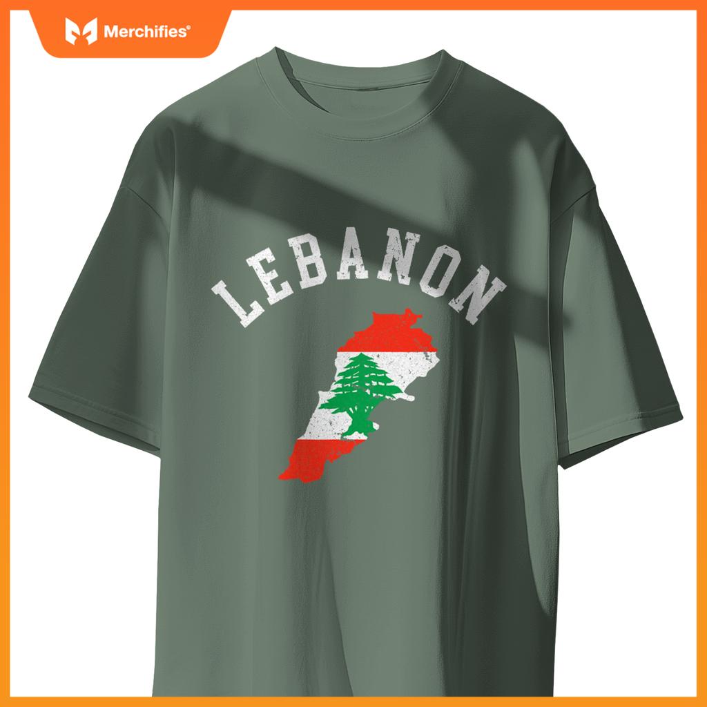 Patriotic Men Women Lebanon Flag Map Distressed T-Shirt