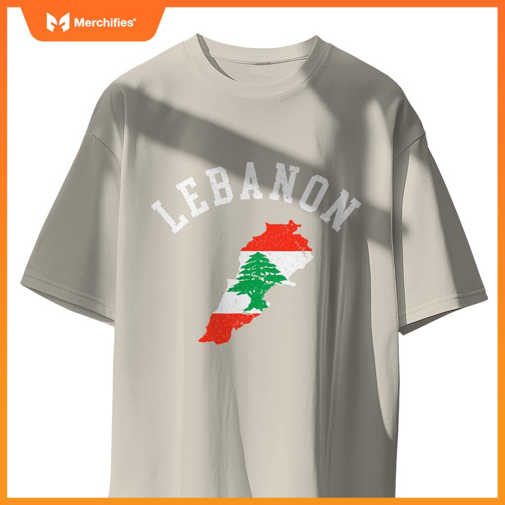 Patriotic Men Women Lebanon Flag Map Distressed T-Shirt