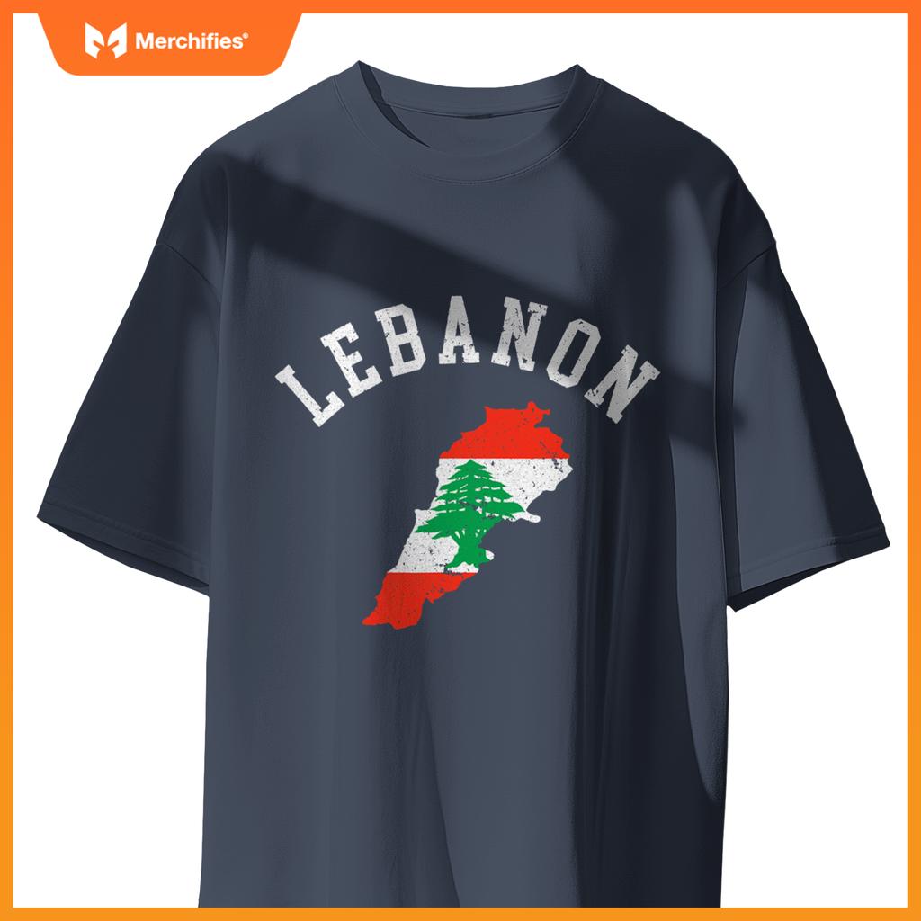 Patriotic Men Women Lebanon Flag Map Distressed T-Shirt