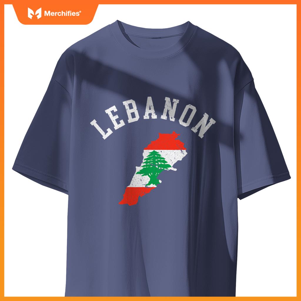 Patriotic Men Women Lebanon Flag Map Distressed T-Shirt