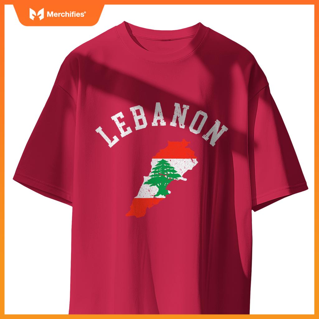 Patriotic Men Women Lebanon Flag Map Distressed T-Shirt