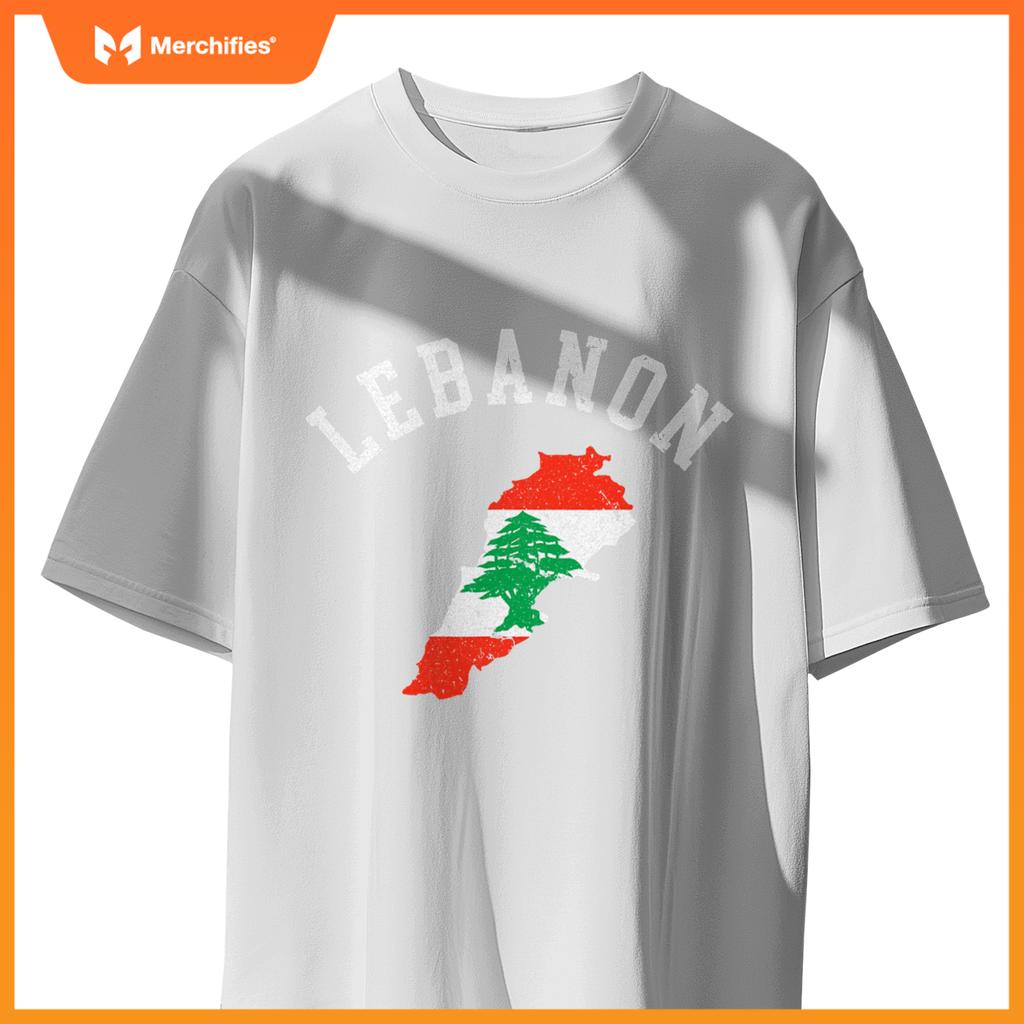 Patriotic Men Women Lebanon Flag Map Distressed T-Shirt