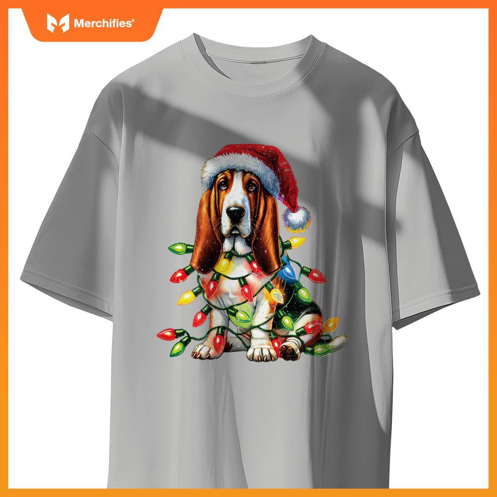 Pet Animal Basset Hound Dog Lover Santa hat Christmas Lights T-Shirt
