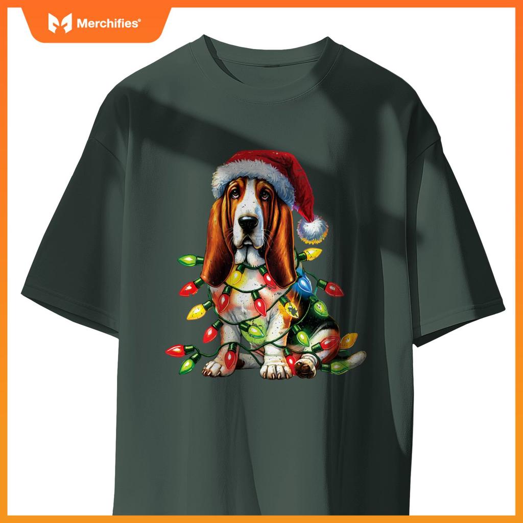 Pet Animal Basset Hound Dog Lover Santa hat Christmas Lights T-Shirt