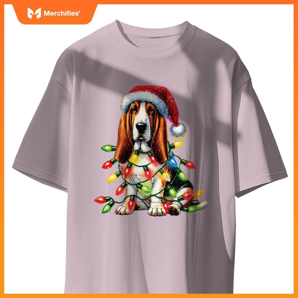Pet Animal Basset Hound Dog Lover Santa hat Christmas Lights T-Shirt