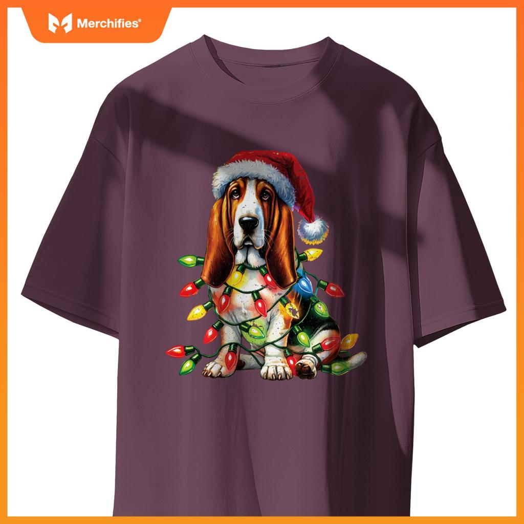 Pet Animal Basset Hound Dog Lover Santa hat Christmas Lights T-Shirt