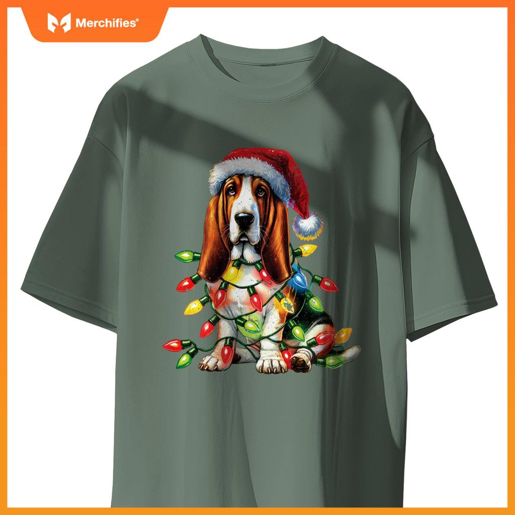Pet Animal Basset Hound Dog Lover Santa hat Christmas Lights T-Shirt