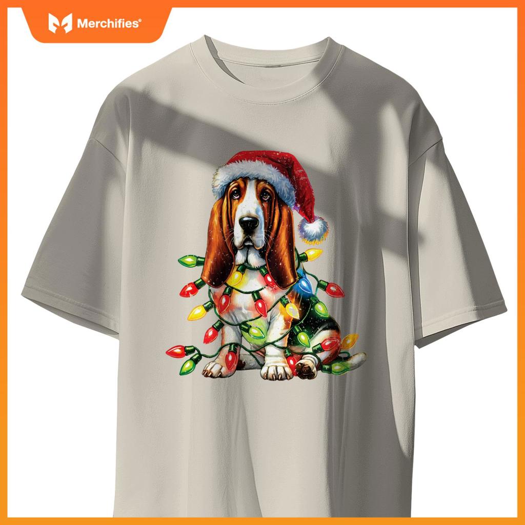 Pet Animal Basset Hound Dog Lover Santa hat Christmas Lights T-Shirt