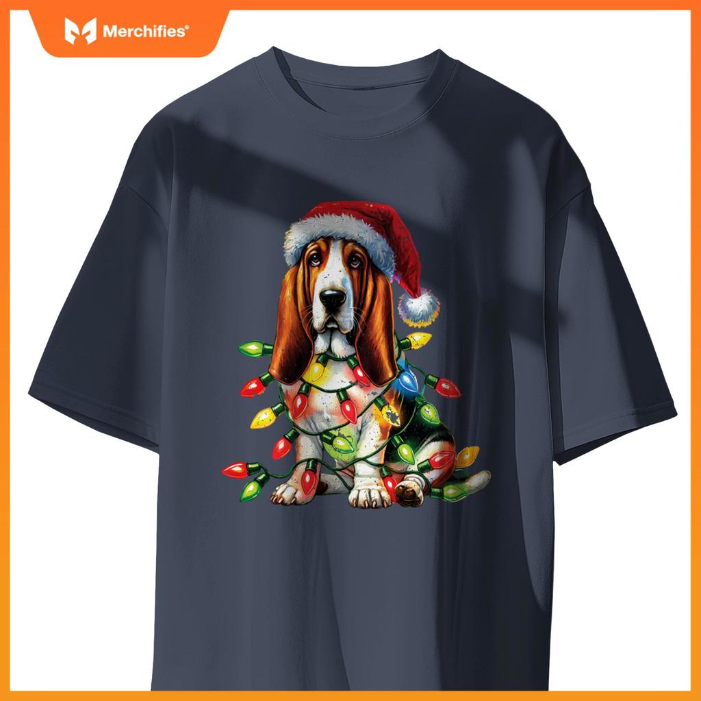 Pet Animal Basset Hound Dog Lover Santa hat Christmas Lights T-Shirt
