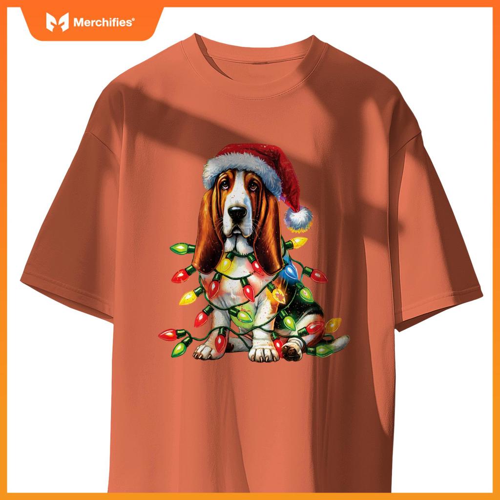 Pet Animal Basset Hound Dog Lover Santa hat Christmas Lights T-Shirt