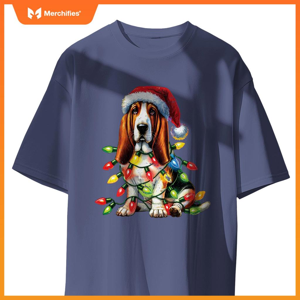 Pet Animal Basset Hound Dog Lover Santa hat Christmas Lights T-Shirt