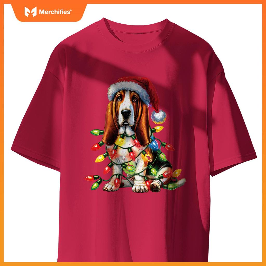 Pet Animal Basset Hound Dog Lover Santa hat Christmas Lights T-Shirt