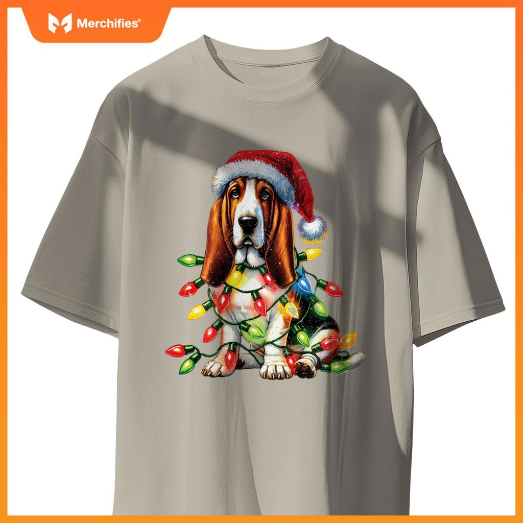 Pet Animal Basset Hound Dog Lover Santa hat Christmas Lights T-Shirt