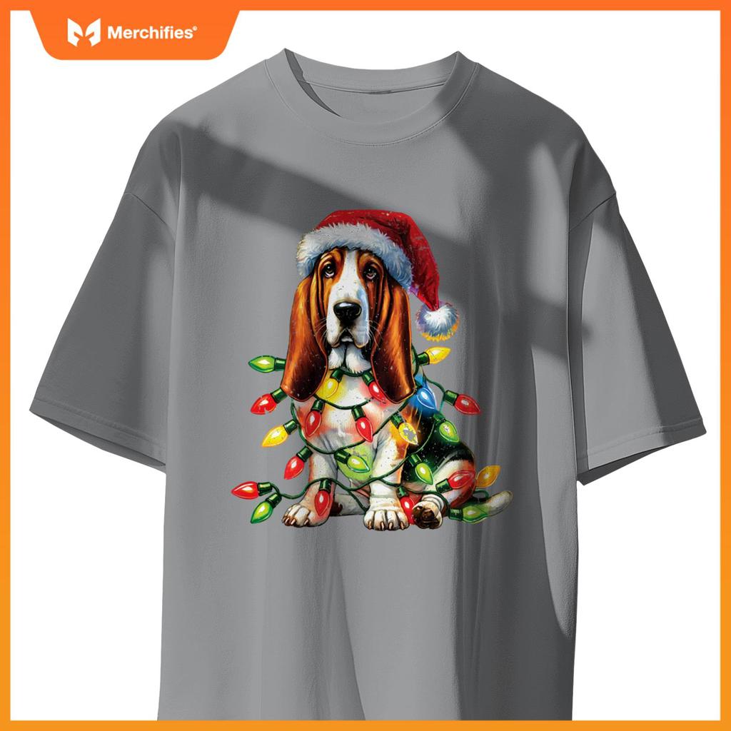 Pet Animal Basset Hound Dog Lover Santa hat Christmas Lights T-Shirt