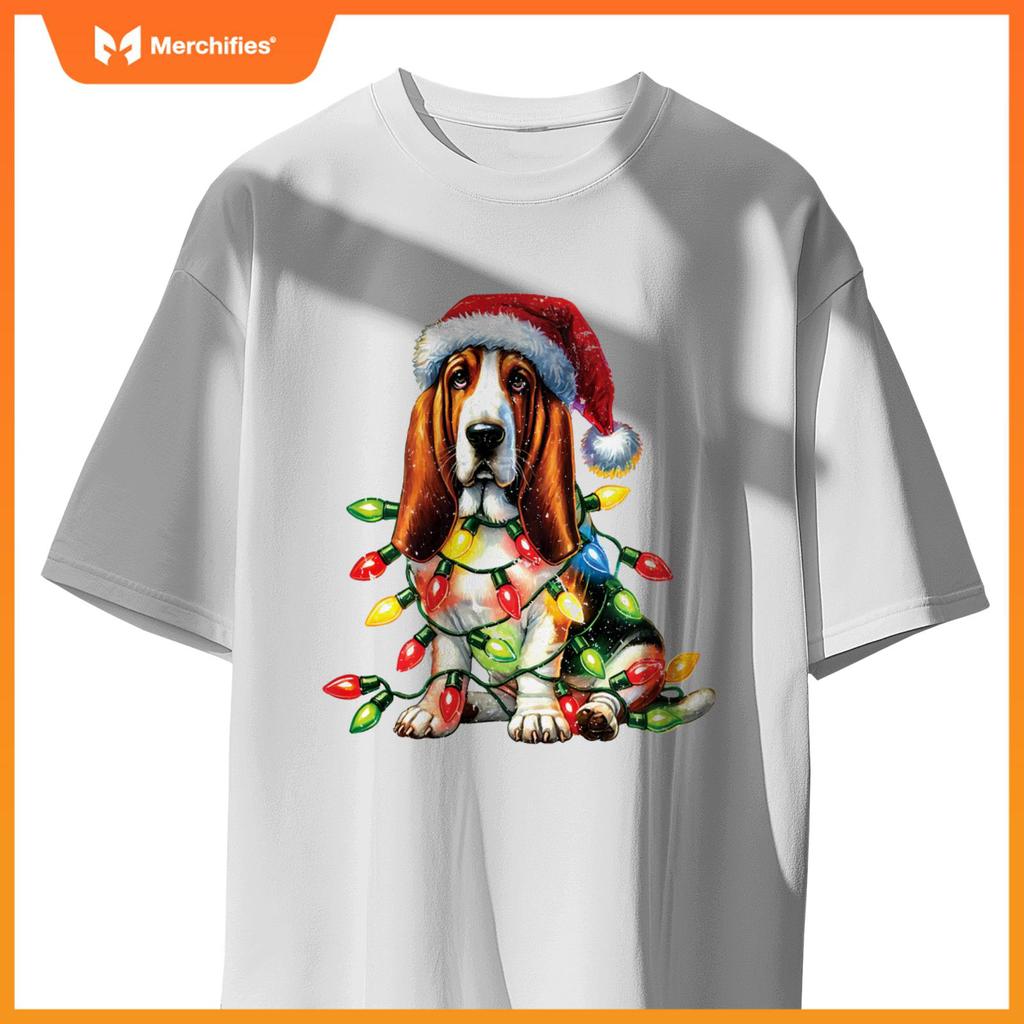 Pet Animal Basset Hound Dog Lover Santa hat Christmas Lights T-Shirt