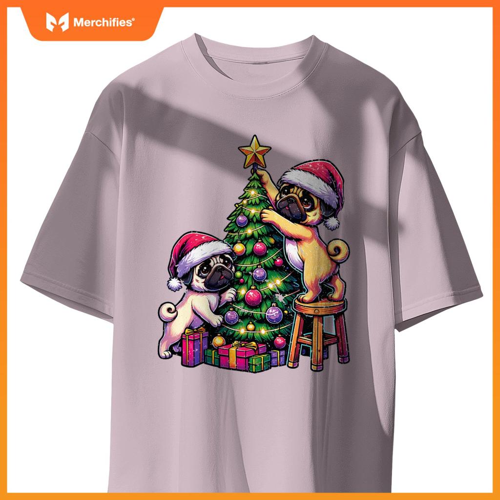 Pet Animal Lovers Cute Pug Dogs Decorating Christmas Tree T-Shirt