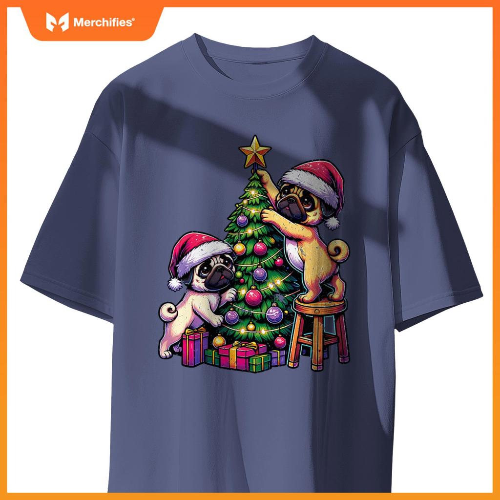 Pet Animal Lovers Cute Pug Dogs Decorating Christmas Tree T-Shirt