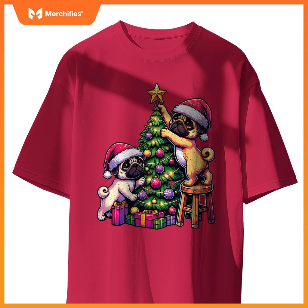 Pet Animal Lovers Cute Pug Dogs Decorating Christmas Tree T-Shirt