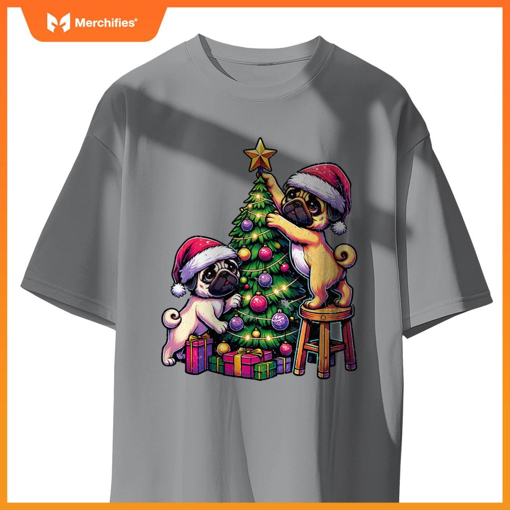 Pet Animal Lovers Cute Pug Dogs Decorating Christmas Tree T-Shirt