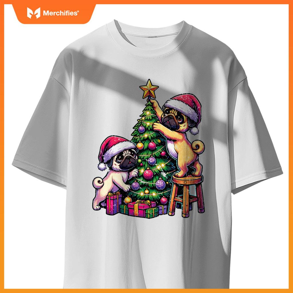 Pet Animal Lovers Cute Pug Dogs Decorating Christmas Tree T-Shirt