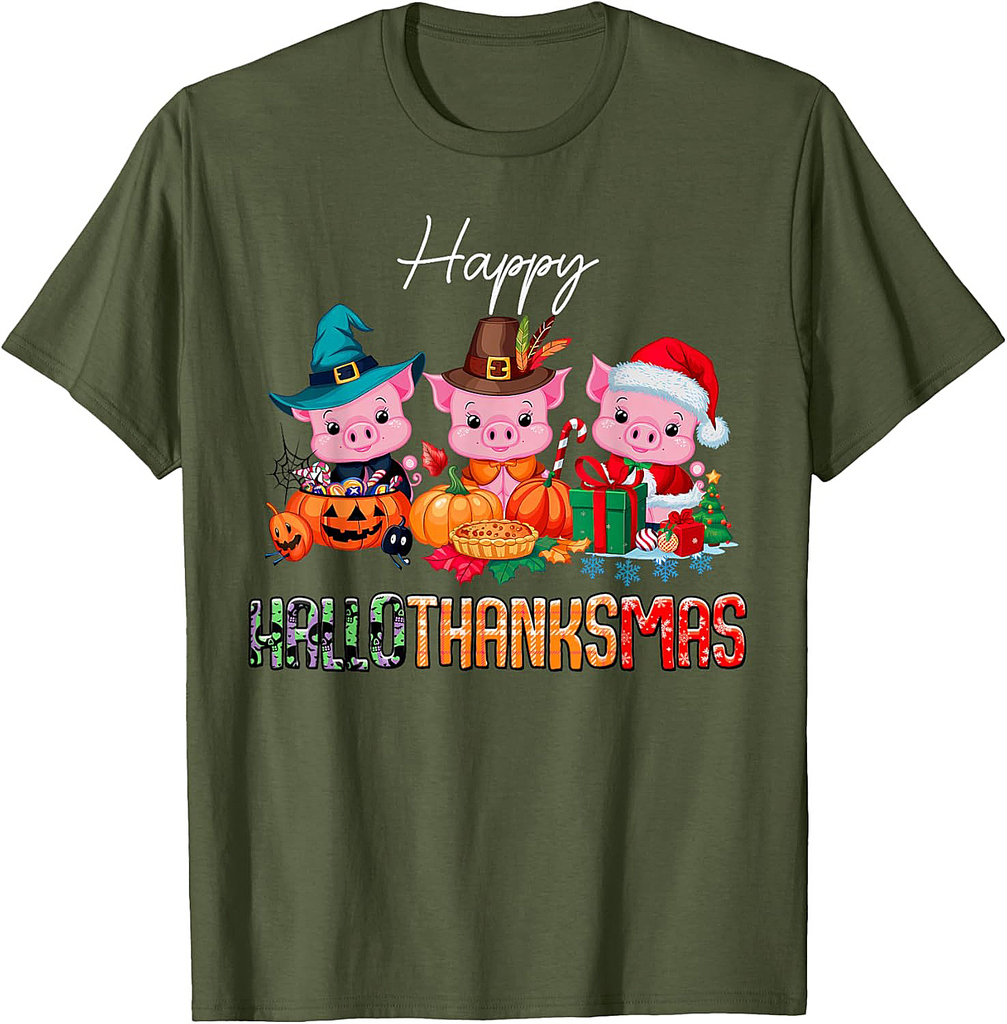 Pigs Happy Hallothanksmas Halloween Thanksgiving Christmas T-Shirt
